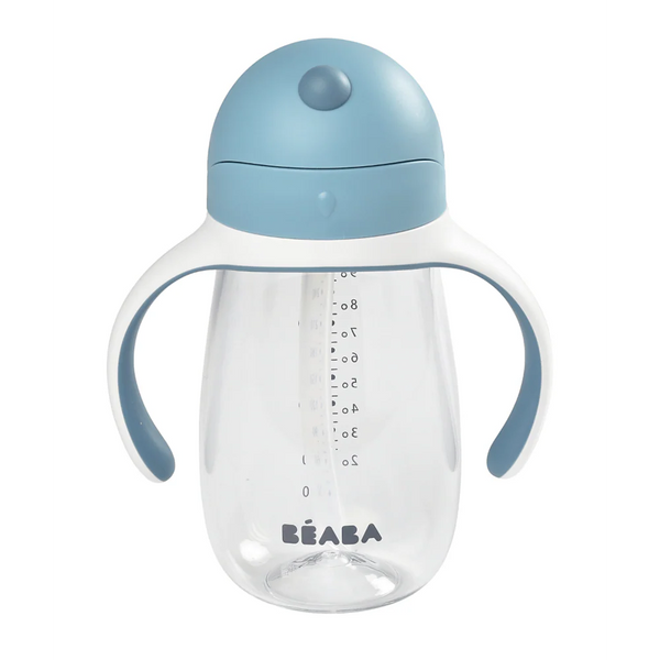 Beaba 2 in 1 Baby Sipper Water Bottle, Anti Spill Sippy Cup with Soft Silicone Straw for Toddler, Removable Handles, 300 ml - Windy Blue