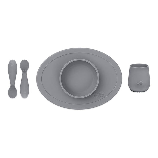 EzPz First Foods Set 100% Food Grade Silicone Baby & Toddler Suction Bowl with Built In Placemat - Grey