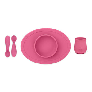 EzPz First Foods Set 100% Food Grade Silicone Baby & Toddler Suction Bowl with Built In Placemat - Pink