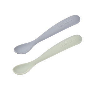 Beaba 1st Stage Silicone Spoon with Ultra Soft Tip, Gum Friendly, Ergonomic Handles, BPA Free, Set of 2 - Green/Grey