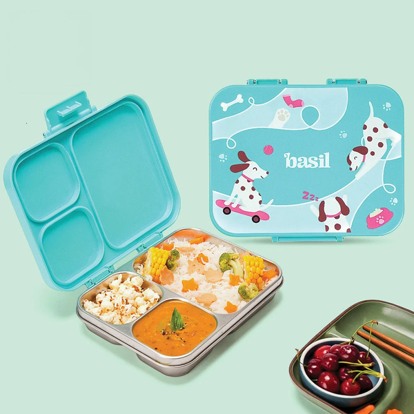 Basil 3 Compartment Stainless Steel Lunchbox with Plastic Lid - Wiggly Woof