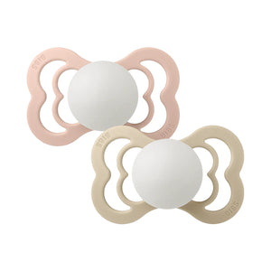 Bibs Couture Silicone Baby Pacifiers with Glow in The Dark Anatomical Soft Nipple, Size 1 (6+ Months) Pack of 2 - Blush/Vanilla