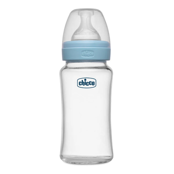 Chicco Well Being Glass Feeding Bottle for 2m+ 240ml Medium Flow - Blue