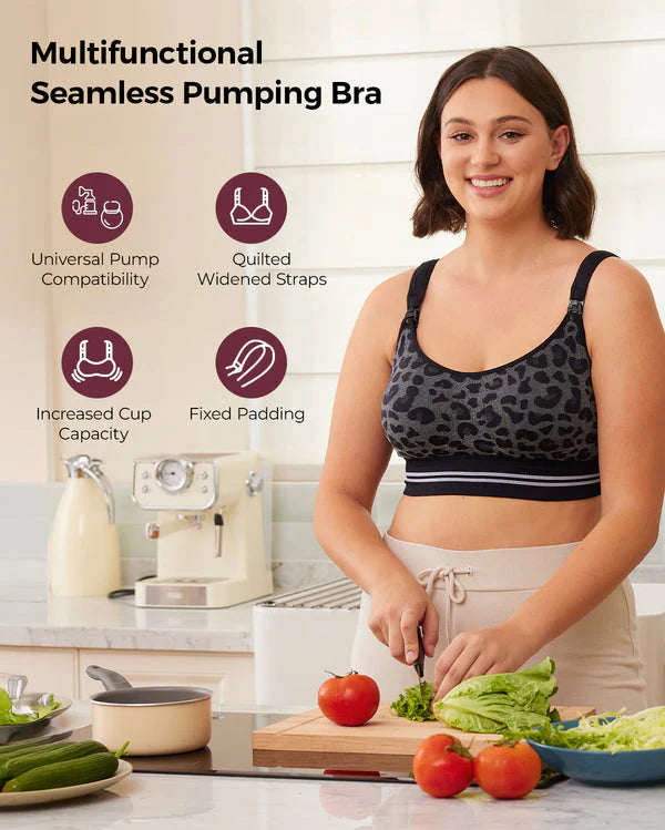 Momcozy 4 in 1 Hand Free Seamless Stretch Fabric Pumping Bra - Leopard Grey