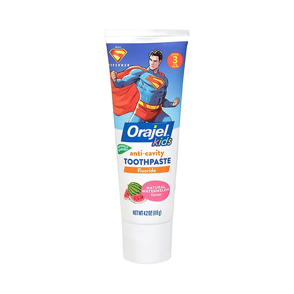 Orajel Kids Anti Cavity Toothpaste Fluoride Superman, Natural Watermelon Flavor, Stage 3, 2-10 Yrs -119 g - Dezine Kids
