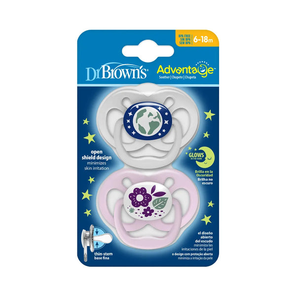 Dr.Browns Blue Advantage Pacifiers Stage 2 Glow in the Dark, Pack of 2 - Purple Nature