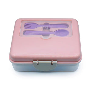 Melii 2 Tier Bento Lunch Box With 6 Compartments Includes Spoon & Fork - Pink, Purple & Grey