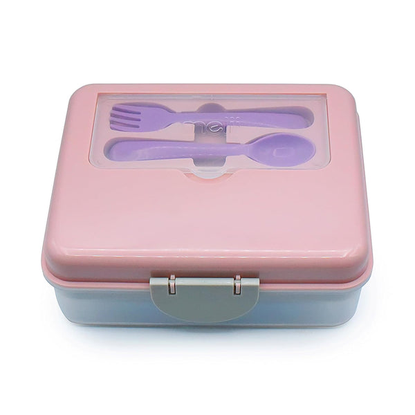 Melii 2 Tier Bento Lunch Box With 6 Compartments Includes Spoon & Fork - Pink, Purple & Grey