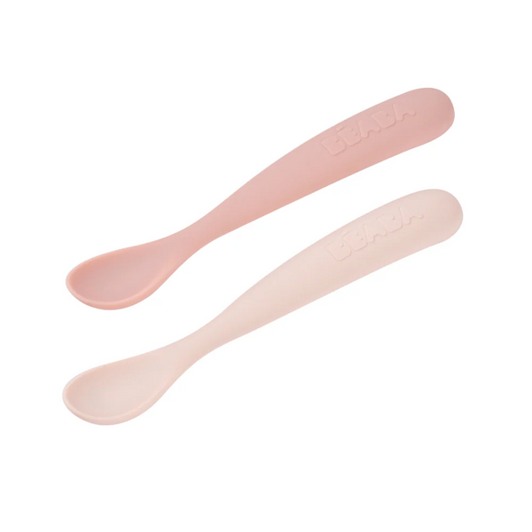 Beaba 1st Stage Silicone Spoon with Ultra Soft Tip, Gum Friendly, Ergonomic Handles, Set of 2 - Cotton Candy/Marshmallow