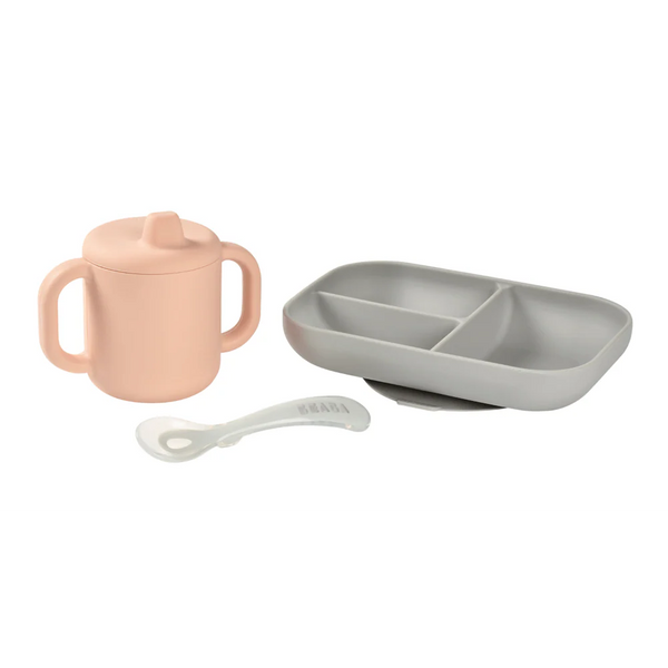 Beaba Silicone 3 Piece Learning Set, Non-Slip, Unbreakable, BPA-Free Baby Feeding - Pink