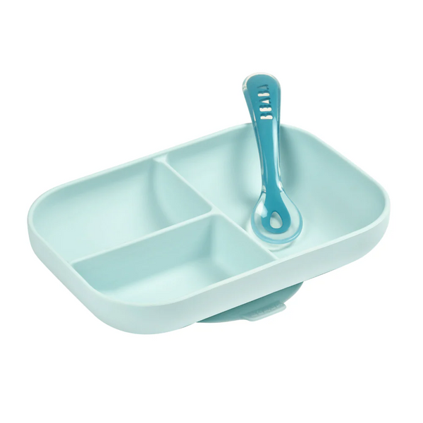 Beaba Silicone 2 Piece Baby Meal Set, Non-Slip, Unbreakable, Easy to Clean, BPA-Free Baby Feeding Set - Blue