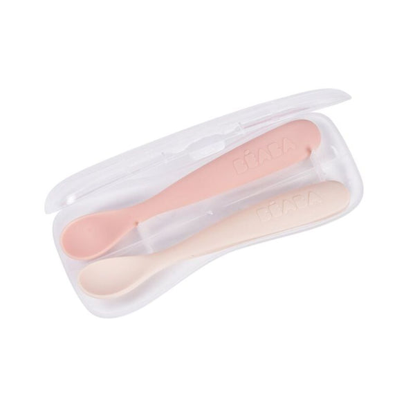 Beaba 1st Stage Silicone Spoon with Ultra Soft Tip, Gum Friendly, Ergonomic Handles, Set of 2 - Cotton Candy/Marshmallow