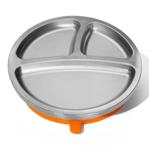 Avanchy Baby Stainless Steel Round Divided Plate with Silicone Suction Base - Orange