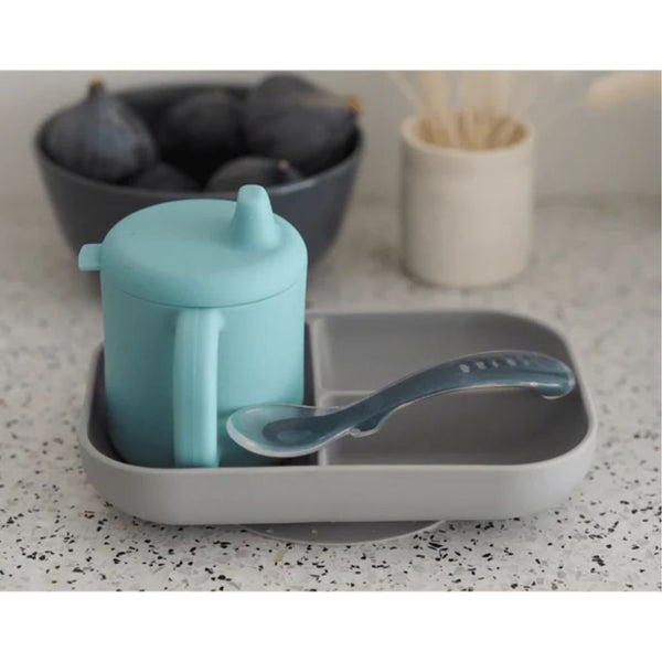 Beaba Silicone 3 Piece Learning Set, Non Slip, Unbreakable, BPA Free Baby Feeding - Blue - Dezine Kids