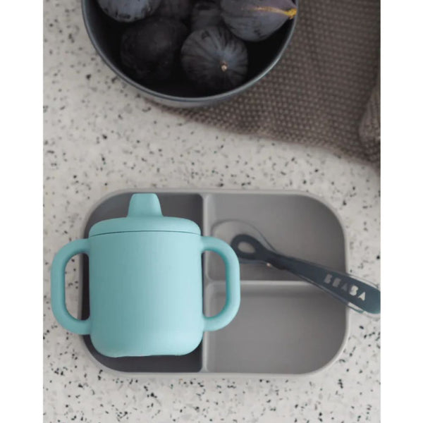 Beaba Silicone 3 Piece Learning Set, Non Slip, Unbreakable, BPA Free Baby Feeding - Blue - Dezine Kids