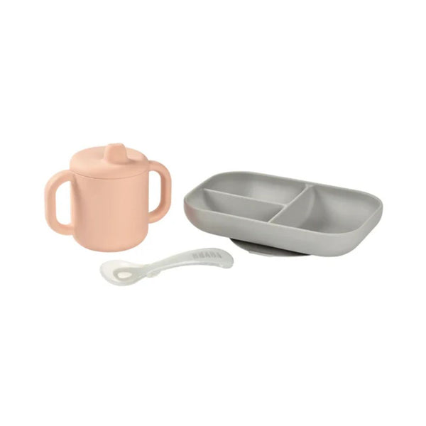 Beaba Silicone 3 Piece Learning Set, Non Slip, Unbreakable, BPA Free Baby Feeding - Pink - Dezine Kids