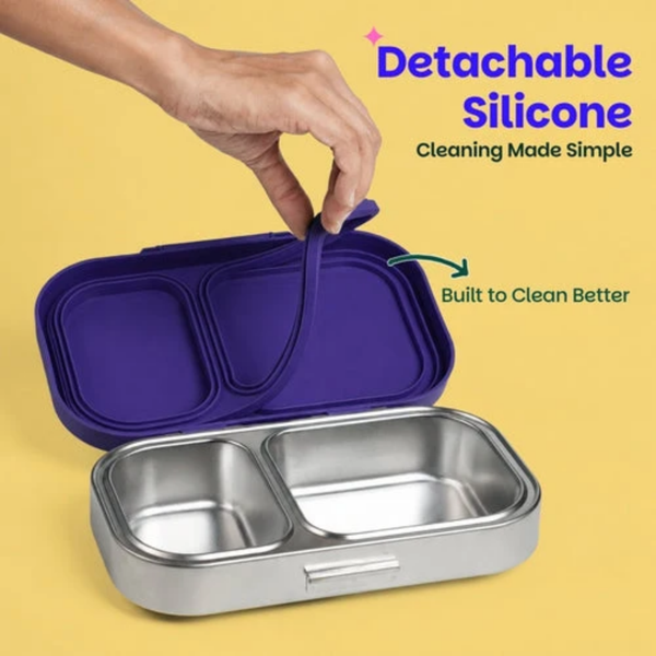 Basil 2 Compartment Stainless Steel Lunchbox with Plastic Lid - Pixel Rush