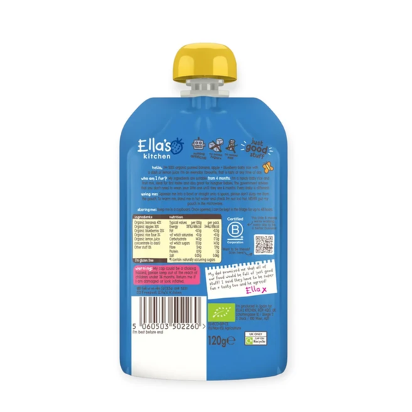 Ellas Kitchen Baby Puree Pouch, 4+ months 120g - Banana Apple & Blueberry Baby Rice - Dezine Kids