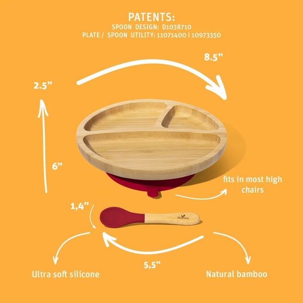 Avanchy Toddler Baby Bamboo & Silicone Suction Base Divided Plate + Spoon - Magenta - Dezine Kids