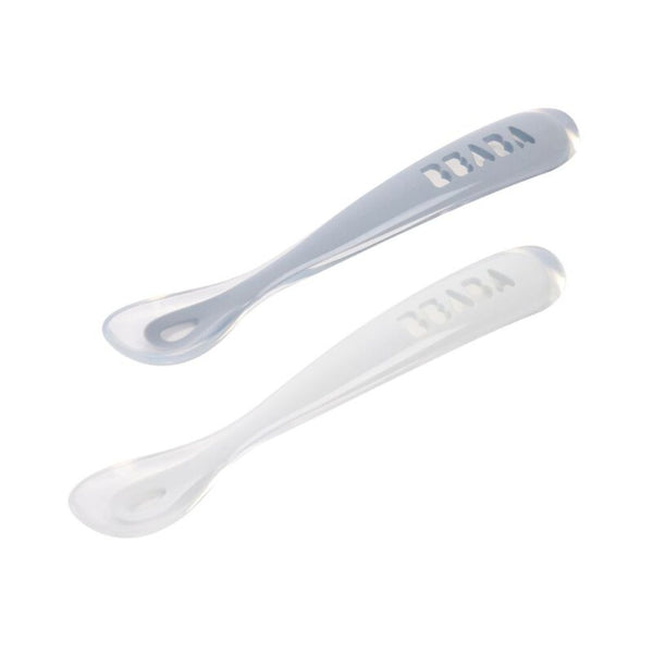Beaba 1st Stage Silicone Spoon with Ultra Soft Tip, Gum Friendly, Ergonomic Handles, Set of 2 - Pebble/Cloud - Dezine Kids