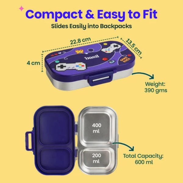 Basil 2 Compartment Stainless Steel Lunchbox with Plastic Lid - Pixel Rush