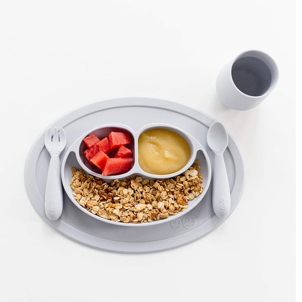EzPz Mini Feeding Set for Toddlers (Mat, Spoon & Fork) - Pewter