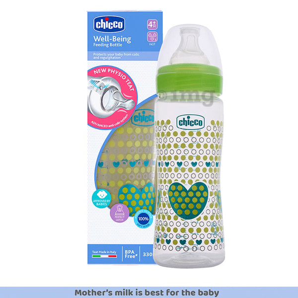 Chicco Well Being Polypropylene Feeding Bottle 330ml for 4M+ - Green