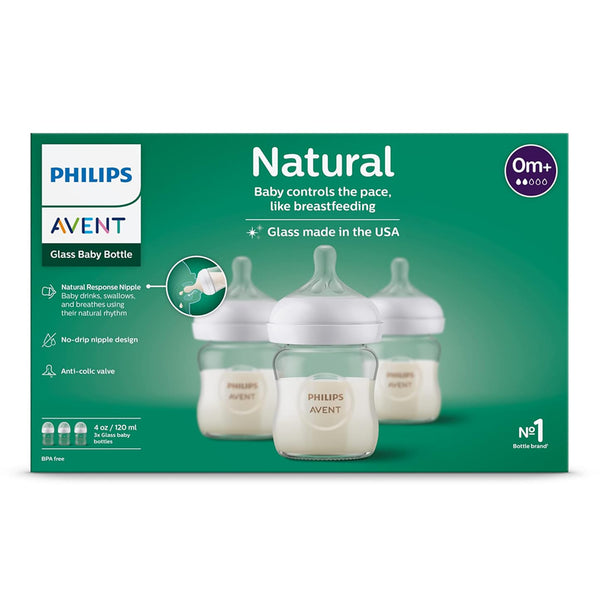Philips Avent Natural Glass Baby Bottles with Natural Response Nipples (Slow Flow, Flow 2) - 120 ml