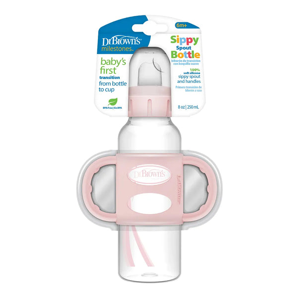 Dr.Browns Milestone Narrow Sippy Spout Bottle with Silicone Handles (6m+) 8oz/250 ml - Light Pink - Dezine Kids