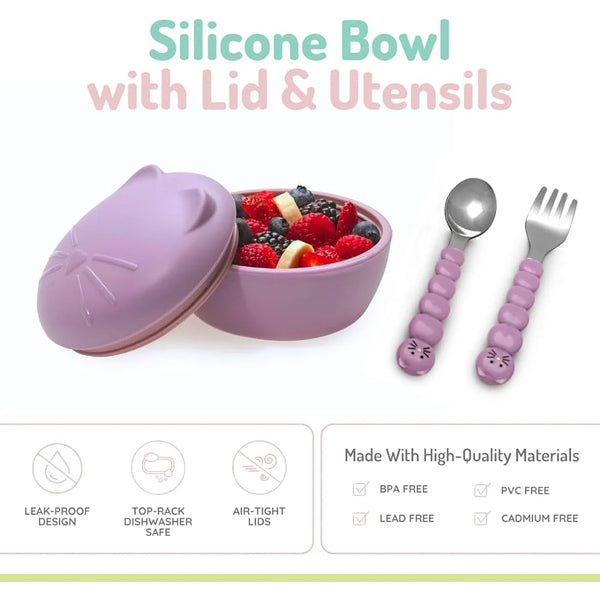Melii Silicone Bowl With Lid, Spoon & Fork, Airtight & Leakproof Lid - Cat