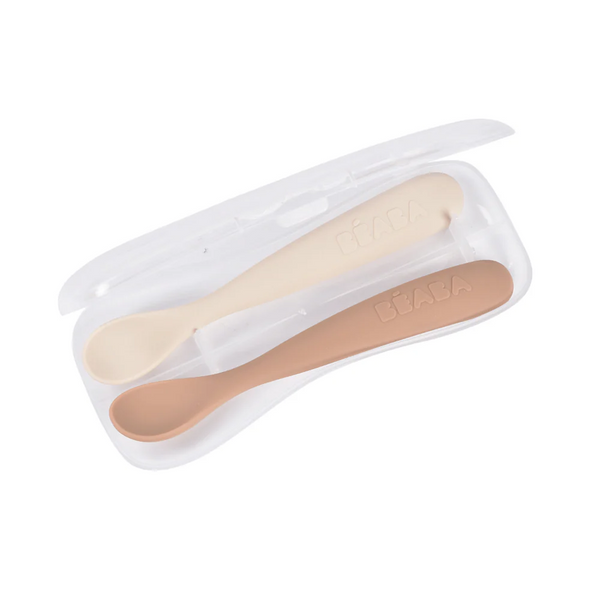 Beaba 1st Stage Silicone Spoon with Ultra Soft Tip, Gum Friendly, Ergonomic Handles, BPA Free, Set of 2 - Clay/Praline