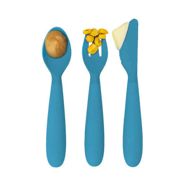 EzPz Happy Utensils for Toddlers(Spoon, Fork & Knife) - Blue