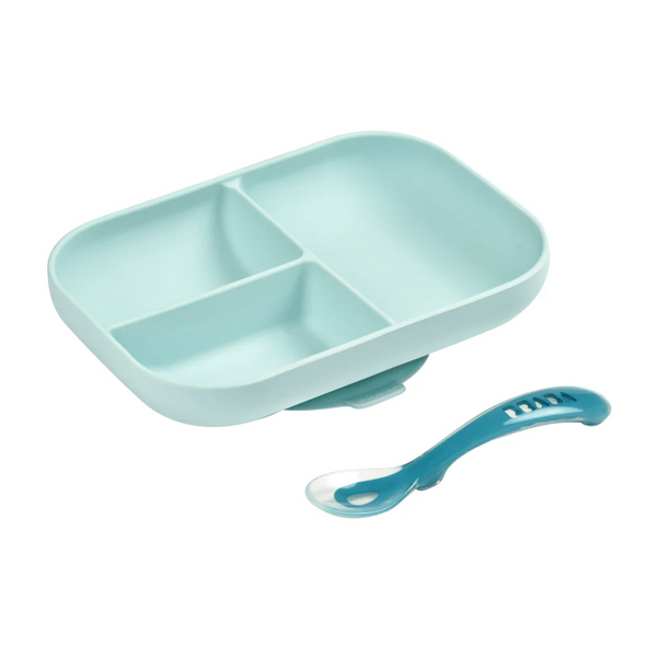 Beaba Silicone 2 Piece Baby Meal Set, Non-Slip, Unbreakable, Easy to Clean, BPA-Free Baby Feeding Set - Blue