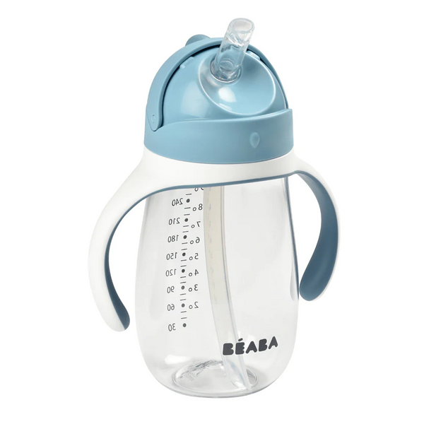 Beaba 2 in 1 Baby Sipper Water Bottle, Anti Spill Sippy Cup with Soft Silicone Straw for Toddler, Removable Handles, 300 ml - Windy Blue