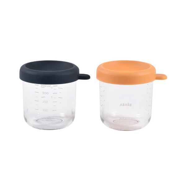 Beaba Glass Storage Container, Airtight Jar with Graduation Measuring Scale, 250 ml, Set of 2 - Night Blue & Honey