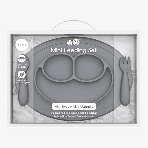EzPz Mini Feeding Set for Toddlers (Mat, Spoon & Fork) - Grey
