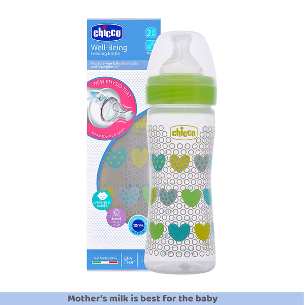 Chicco Well Being 2M+ Medium Flow Baby Bottle 250ml - Green