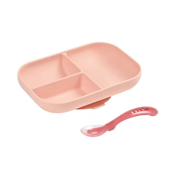 Beaba Silicone 2 Pieces Baby Meal Set, Non Slip, Unbreakable, Easy to Clean, BPA Free Baby Feeding Set - Baby Pink