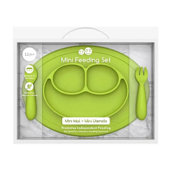 EzPz Mini Feeding Set for Toddlers (Mat, Spoon & Fork) - Lime