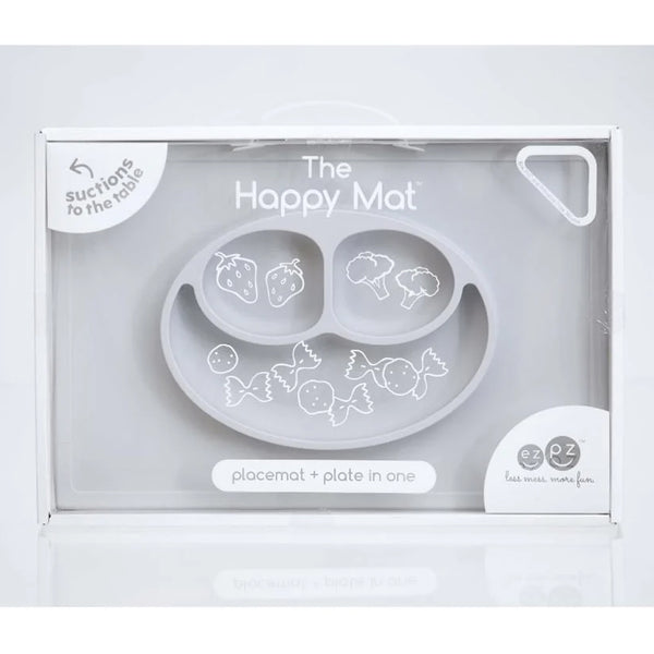Ezpz Happy Mat 100% Food Grade Silicone Toddler Suction Plate with Built Placemat, Smile Design Divided Plate - Pewter