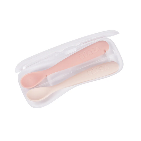 Beaba 1st Stage Silicone Spoon with Ultra Soft Tip, Gum Friendly, Ergonomic Handles, Set of 2 - Cotton Candy/Marshmallow