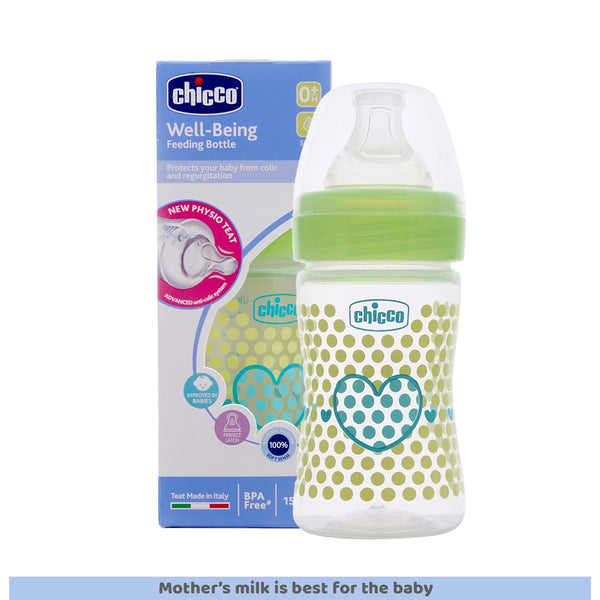 Chicco Well Being 0M+ Slow Flow Baby Bottle 150ml - Green