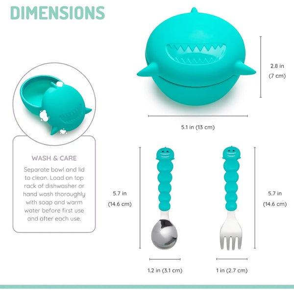 Melii Silicone Bowl With Lid, Spoon & Fork, Airtight & Leakproof Lid - Shark