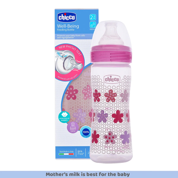 Chicco Well Being 2M+ Medium Flow Baby Bottle 250ml - Pink