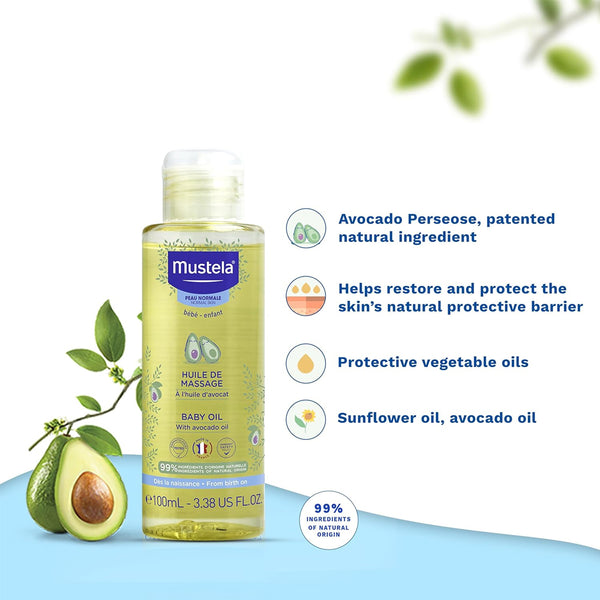 Mustela Baby Massage Oil with Avocado, Helps Treat Cradle Cap & Soothes Skin, Chemical Free & Safe From Birth On - 100 ml - Dezine Kids