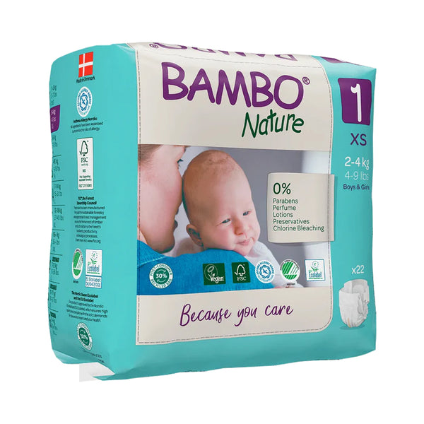 Bambo Nature Tape Diapers, Size 1, XS Size (2-4 Kgs) 22pcs - Dezine Kids