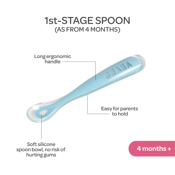 Beaba 1st Stage Silicone Spoon with Ultra Soft Tip, Gum Friendly, Ergonomic Handles - Windy Blue