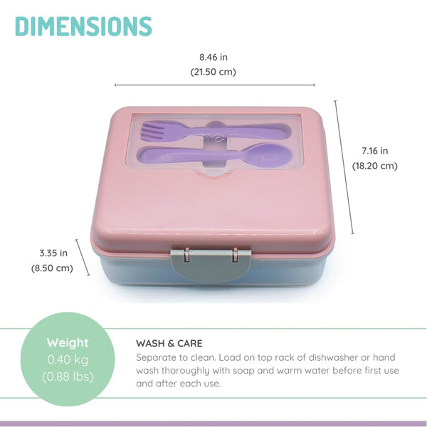 Melii 2 Tier Bento Lunch Box With 6 Compartments Includes Spoon & Fork - Pink, Purple & Grey