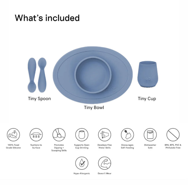 EzPz First Foods Set 100% Food Grade Silicone Baby & Toddler Suction Bowl with Built In Placemat - Indigo - Dezine Kids