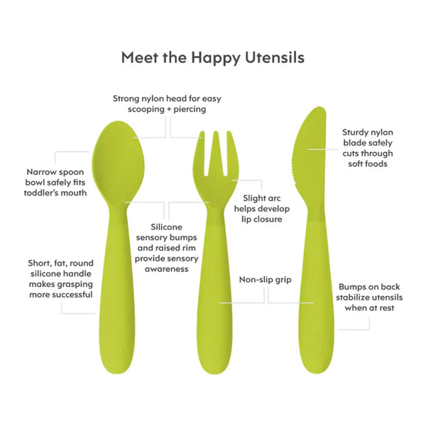 EzPz Happy Utensils for Toddlers(Spoon, Fork & Knife) - Lime